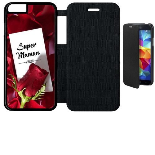 Etui A Flip Flap - Super Maman L Unique Fond Rose Rouge - Compatible Avec Apple Iphone 6 - Simili-Cuir - Bord Noir