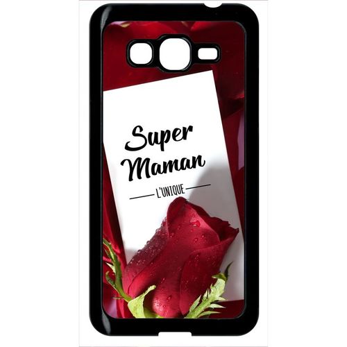 Coque Pour Smartphone - Super Maman L Unique Fond Rose Rouge - Compatible Avec Samsung Galaxy Grand Prime - Plastique - Bord Noir