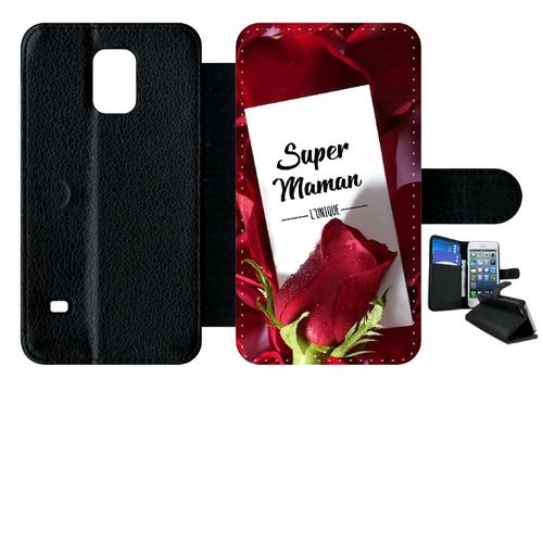 Etui A Rabat - Super Maman L Unique Fond Rose Rouge - Compatible Avec Samsung Galaxy S5 - Simili-Cuir - Bord Noir
