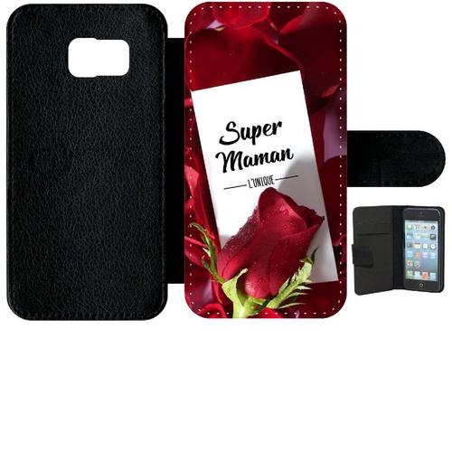 Etui À Rabat Galaxy S6 - Super Maman L Unique Fond Rose Rouge - Simili-Cuir - Noir