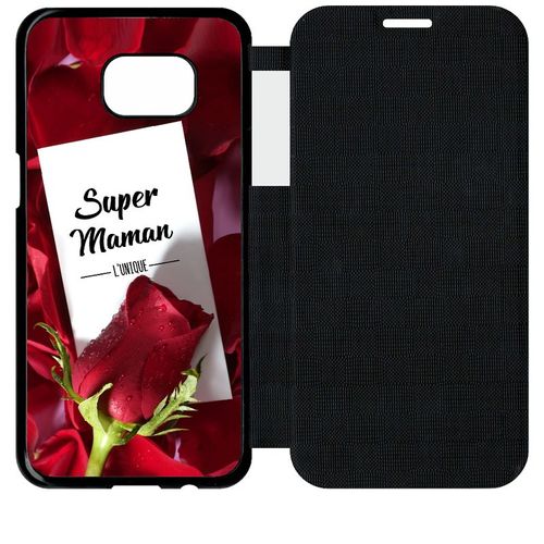 Etui A Flip Flap - Super Maman L Unique Fond Rose Rouge - Compatible Avec Samsung Galaxy S7 Edge - Simili-Cuir - Bord Noir