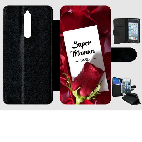 Etui A Rabat - Super Maman L Unique Fond Rose Rouge - Compatible Avec Nokia 8 - Simili-Cuir - Bord Noir