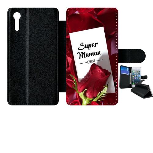 Etui À Rabat Xperia Xz - Super Maman L Unique Fond Rose Rouge - Simili-Cuir - Noir