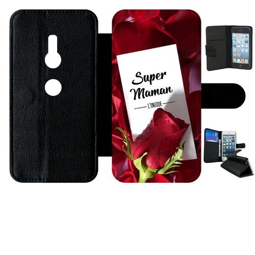 Etui A Rabat - Super Maman L Unique Fond Rose Rouge - Compatible Avec Sony Xperia Xz2 - Simili-Cuir - Bord Noir