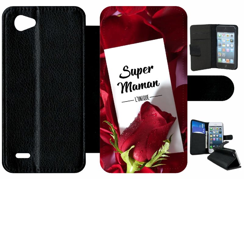 Etui A Rabat - Super Maman L Unique Fond Rose Rouge - Compatible Avec Lg Q6 - Simili-Cuir - Bord Noir