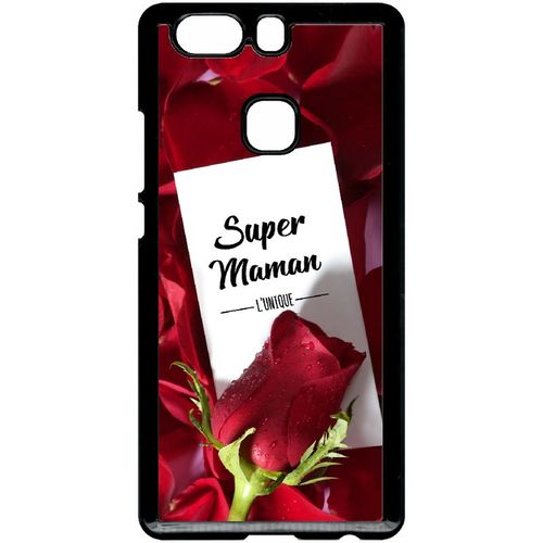 Coque Pour Smartphone - Super Maman L Unique Fond Rose Rouge - Compatible Avec Huawei Ascend P9+ - Plastique - Bord Noir