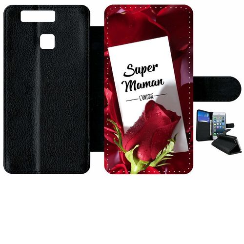 Etui A Rabat - Super Maman L Unique Fond Rose Rouge - Compatible Avec Huawei Ascend P9 - Simili-Cuir - Bord Noir