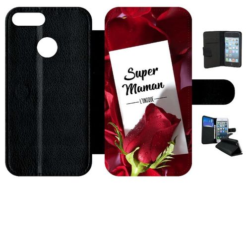 Etui A Rabat - Super Maman L Unique Fond Rose Rouge - Compatible Avec Honor 9 Lite - Simili-Cuir - Bord Noir