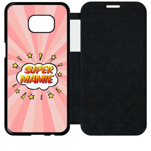 Etui A Flip Flap - Super Mamie Fond Graphique Rose - Compatible Avec Samsung Galaxy S7 Edge - Simili-Cuir - Bord Noir