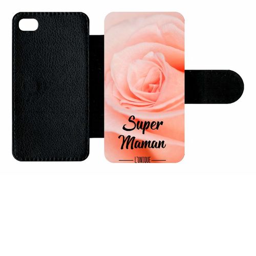 Etui A Rabat - Super Maman L Unique Fond Fleur Rose - Compatible Avec Apple Iphone 4s - Simili-Cuir - Bord Noir