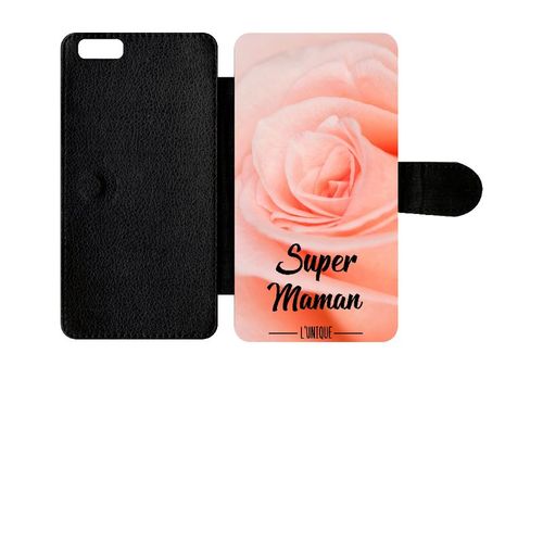 Etui A Rabat - Super Maman L Unique Fond Fleur Rose - Compatible Avec Apple Iphone 6s+ - Simili-Cuir - Bord Noir