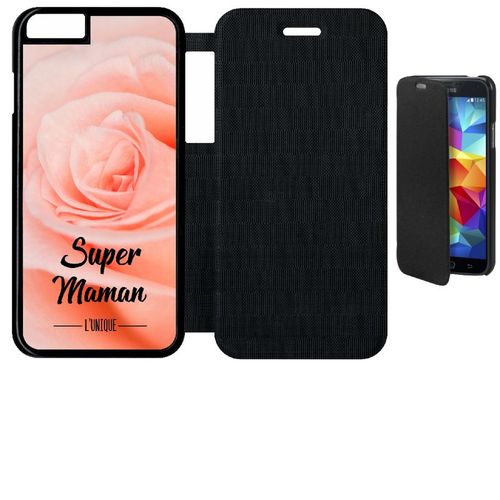 Etui A Flip Flap - Super Maman L Unique Fond Fleur Rose - Compatible Avec Apple Iphone 6s - Simili-Cuir - Bord Noir