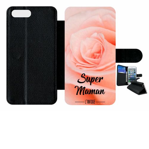 Etui A Rabat - Super Maman L Unique Fond Fleur Rose - Compatible Avec Apple Iphone 8 Plus - Plastique - Bord Noir