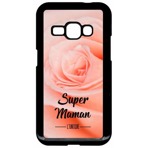 Coque Pour Smartphone - Super Maman L Unique Fond Fleur Rose - Compatible Avec Samsung Galaxy J1 (2016) - Plastique - Bord Noir