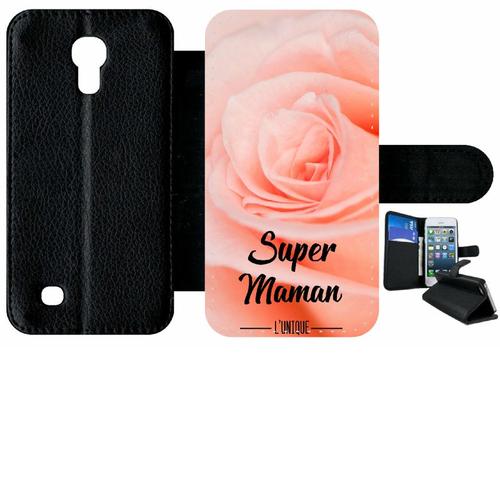 Etui À Rabat Samsung I9190 Galaxy S4 Mini - Super Maman L Unique Fond Fleur Rose - Simili-Cuir - Noir