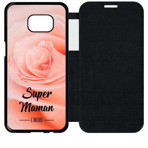 Etui A Flip Flap - Super Maman L Unique Fond Fleur Rose - Compatible Avec Samsung Galaxy S7 Edge - Plastique - Bord Noir