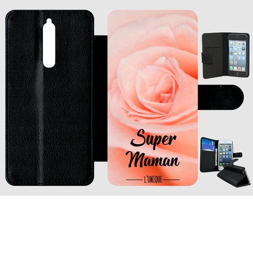 Etui A Rabat - Super Maman L Unique Fond Fleur Rose - Compatible Avec Nokia 8 - Plastique - Bord Noir