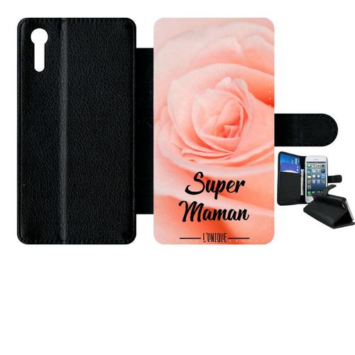 Etui À Rabat Xperia Xz - Super Maman L Unique Fond Fleur Rose - Simili-Cuir - Noir