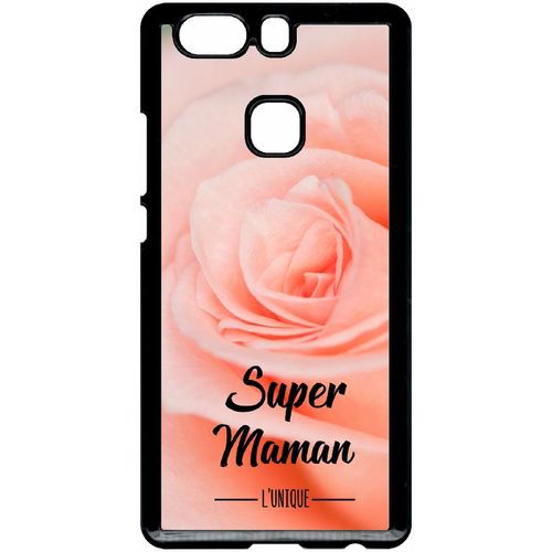 Coque Pour Smartphone - Super Maman L Unique Fond Fleur Rose - Compatible Avec Huawei Ascend P9+ - Plastique - Bord Noir