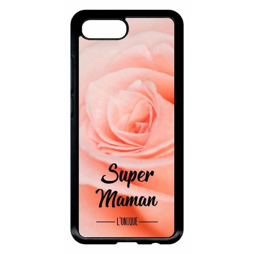 Coque Pour Smartphone - Super Maman L Unique Fond Fleur Rose - Compatible Avec Honor 10 - Plastique - Bord Noir