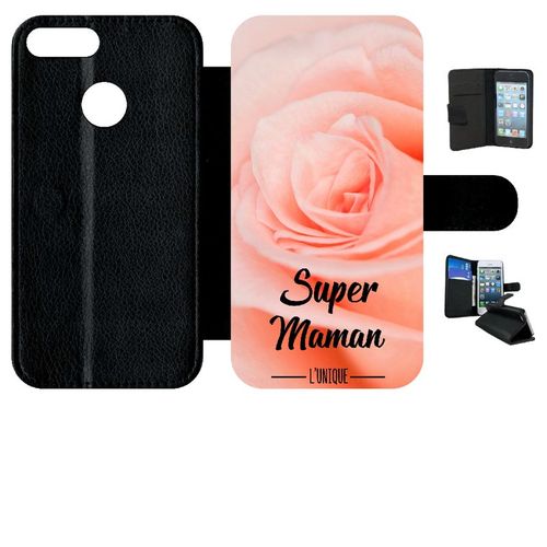 Etui A Rabat - Super Maman L Unique Fond Fleur Rose - Compatible Avec Honor 9 Lite - Simili-Cuir - Bord Noir
