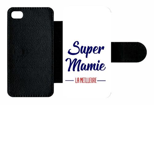 Etui A Rabat - Super Mamie La Meilleure Fond Blanc - Compatible Avec Apple Iphone 4s - Simili-Cuir - Bord Noir