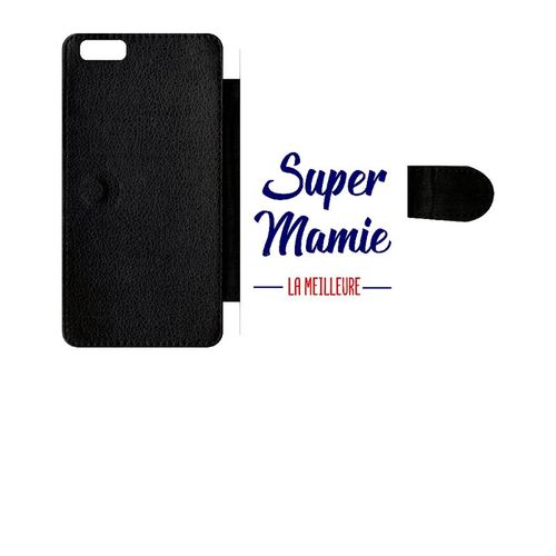 Etui A Rabat - Super Mamie La Meilleure Fond Blanc - Compatible Avec Apple Iphone 6+ - Simili-Cuir - Bord Noir
