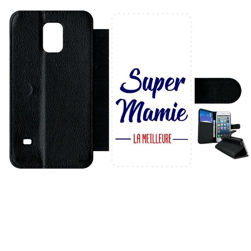 Etui A Rabat - Super Mamie La Meilleure Fond Blanc - Compatible Avec Samsung Galaxy S5 - Simili-Cuir - Bord Noir
