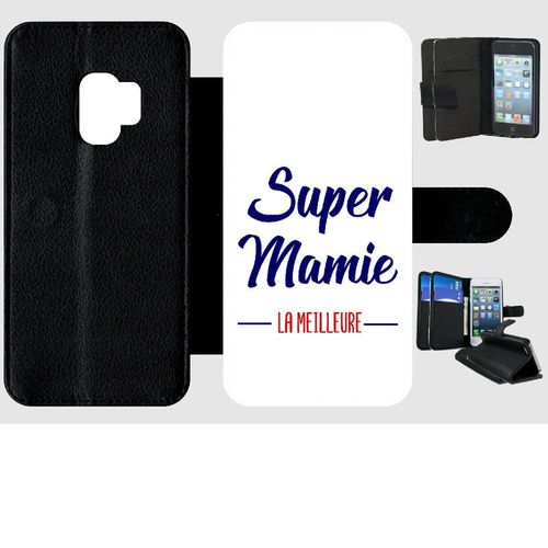 Etui A Rabat - Super Mamie La Meilleure Fond Blanc - Compatible Avec Samsung Galaxy S9 - Simili-Cuir - Bord Noir