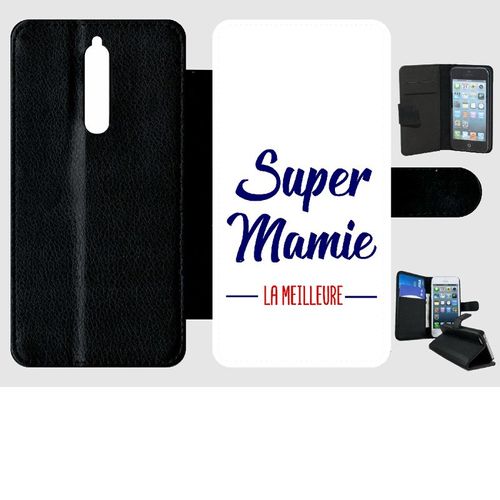 Etui A Rabat - Super Mamie La Meilleure Fond Blanc - Compatible Avec Nokia 8 - Simili-Cuir - Bord Noir