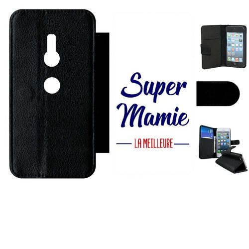 Etui A Rabat - Super Mamie La Meilleure Fond Blanc - Compatible Avec Sony Xperia Xz2 - Simili-Cuir - Bord Noir