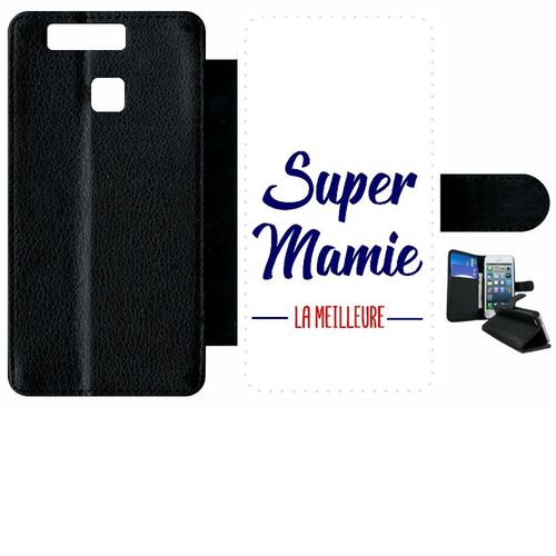 Etui A Rabat - Super Mamie La Meilleure Fond Blanc - Compatible Avec Huawei Ascend P9 - Plastique - Bord Noir