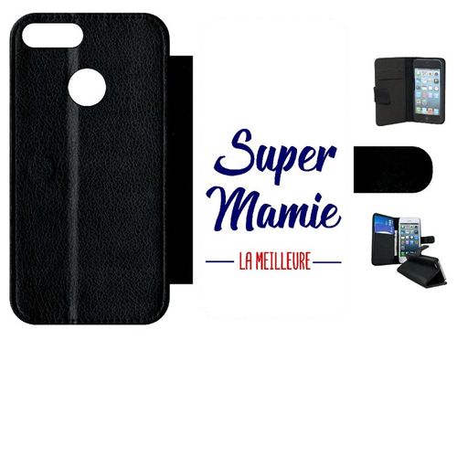 Etui A Rabat - Super Mamie La Meilleure Fond Blanc - Compatible Avec Honor 9 Lite - Simili-Cuir - Bord Noir