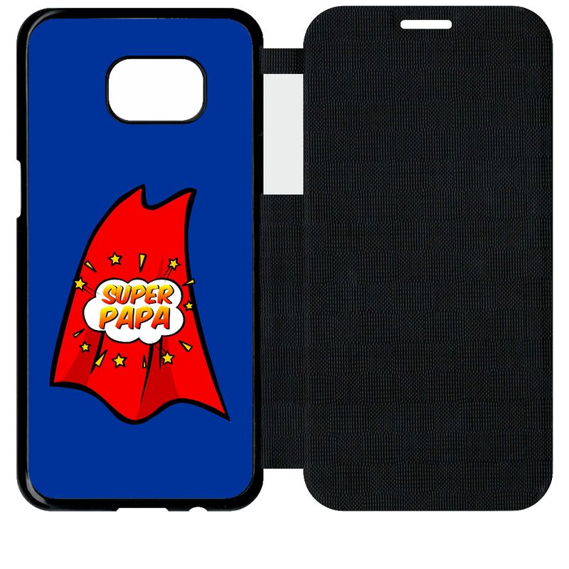 Etui A Flip Flap - Super Papa Cape Fond Bleu - Compatible Avec Samsung Galaxy S7 Edge - Simili-Cuir - Bord Noir