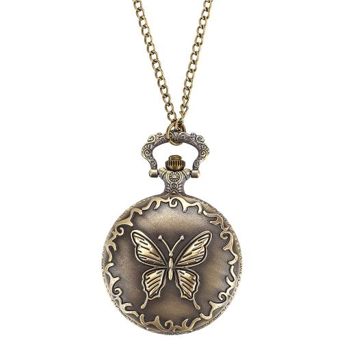 Collier Pendentif En Forme De Montre À Gousset- Sautoir Motif Papillon En Relief .Couleur Bronze