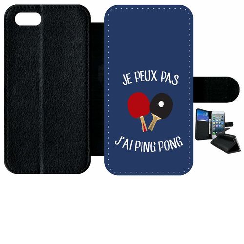 Etui A Rabat - Je Peux Pas J Ai Ping Pong Fond Bleu - Compatible Avec Apple Iphone 7 - Plastique - Bord Noir