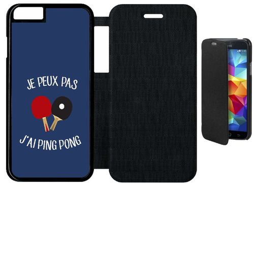 Etui A Flip Flap - Je Peux Pas J Ai Ping Pong Fond Bleu - Compatible Avec Apple Iphone 6s - Simili-Cuir - Bord Noir