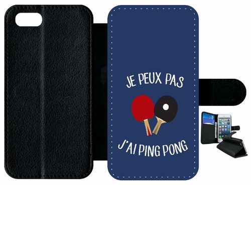 Etui A Rabat - Je Peux Pas J Ai Ping Pong Fond Bleu - Compatible Avec Apple Iphone 8 - Simili-Cuir - Bord Noir