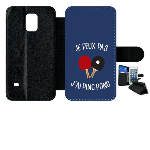 Etui A Rabat - Je Peux Pas J Ai Ping Pong Fond Bleu - Compatible Avec Samsung Galaxy S5 - Simili-Cuir - Bord Noir