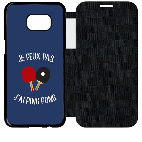 Etui A Flip Flap - Je Peux Pas J Ai Ping Pong Fond Bleu - Compatible Avec Samsung Galaxy S7 Edge - Simili-Cuir - Bord Noir