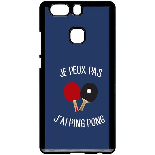 Coque Pour Smartphone - Je Peux Pas J Ai Ping Pong Fond Bleu - Compatible Avec Huawei Ascend P9+ - Plastique - Bord Noir