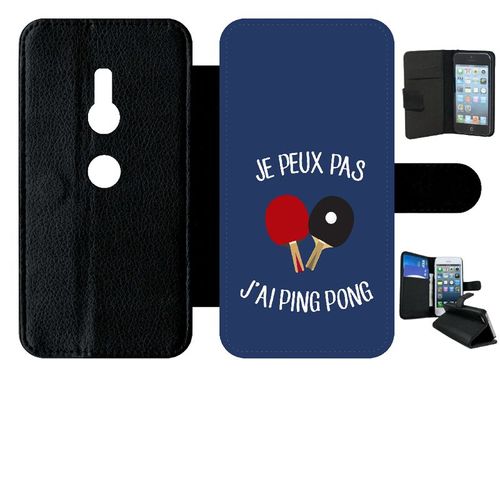Etui A Rabat - Je Peux Pas J Ai Ping Pong Fond Bleu - Compatible Avec Sony Xperia Xz2 - Simili-Cuir - Bord Noir