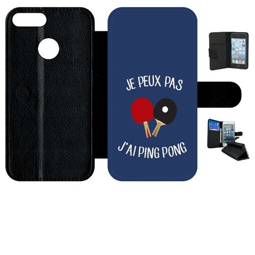 Etui A Rabat - Je Peux Pas J Ai Ping Pong Fond Bleu - Compatible Avec Honor 9 Lite - Simili-Cuir - Bord Noir