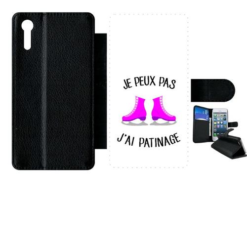 Etui À Rabat Xperia Xz - Je Peux Pas J Ai Patinage Patins A Glace Fond Blanc - Simili-Cuir - Noir