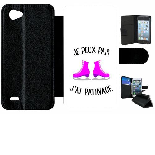 Etui A Rabat - Je Peux Pas J Ai Patinage Patins A Glace Fond Blanc - Compatible Avec Lg Q6 - Simili-Cuir - Bord Noir