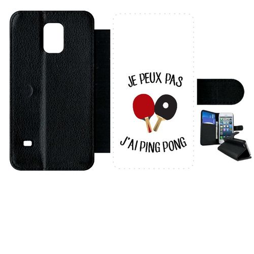 Etui A Rabat - Je Peux Pas J Ai Ping Pong Fond Blanc - Compatible Avec Samsung Galaxy S5 - Simili-Cuir - Bord Noir