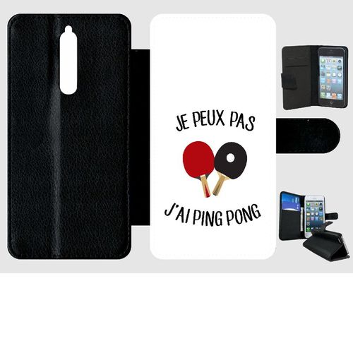 Etui A Rabat - Je Peux Pas J Ai Ping Pong Fond Blanc - Compatible Avec Nokia 8 - Simili-Cuir - Bord Noir