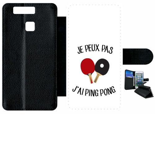 Etui A Rabat - Je Peux Pas J Ai Ping Pong Fond Blanc - Compatible Avec Huawei Ascend P9 - Plastique - Bord Noir