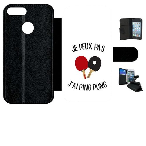 Etui A Rabat - Je Peux Pas J Ai Ping Pong Fond Blanc - Compatible Avec Honor 9 Lite - Simili-Cuir - Bord Noir