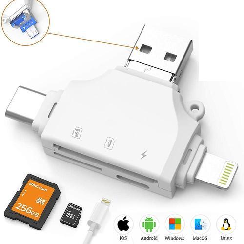 Lecteur de carte SD Bran 4 en 1 pour iPhone et Android : visionneuse de carte d'appareil photo, Micro SD - Blanc